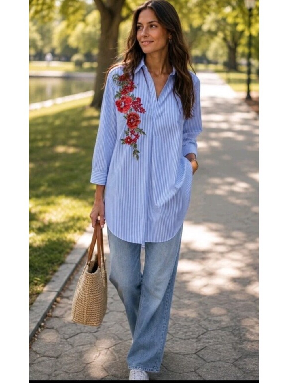 Zara blue white striped Size L shirtdress floral embroidery mandarin-collar #C
